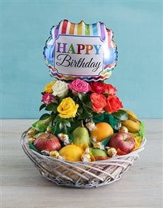 Great Happy Birthday Fruit And Rose Basket 